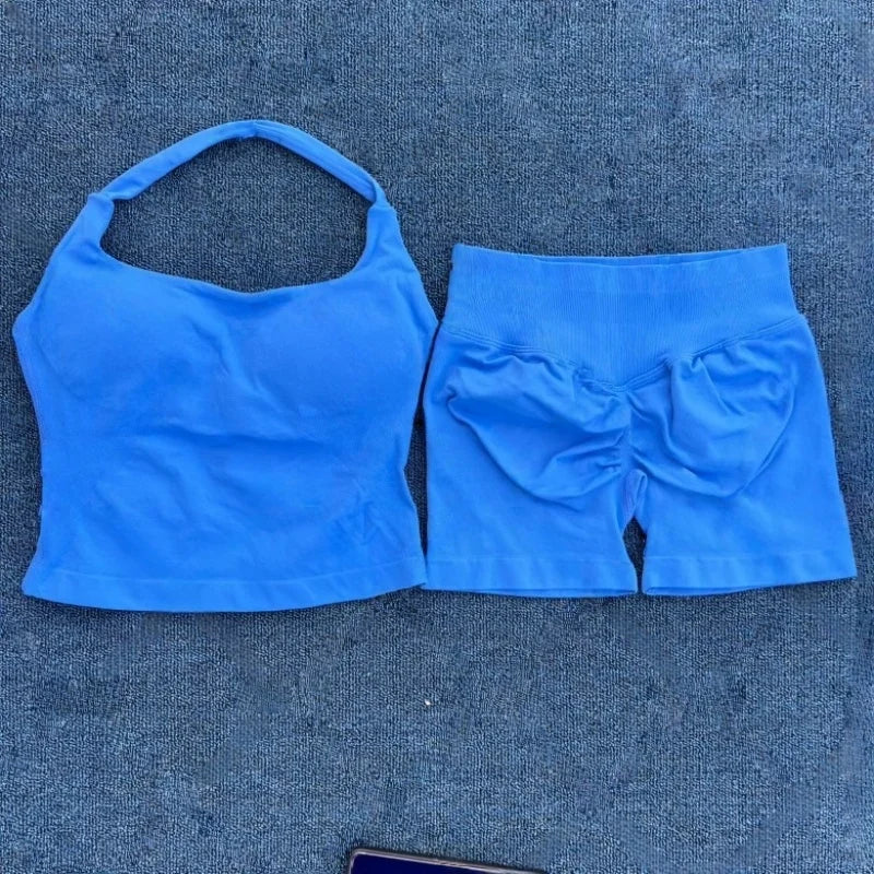 Halter Top Strappy Bra Shorts Set Yoga Stretch Gym Set Women Workout Clothing Seamless Backless Vest Hip-Lifting Leggings Shorts
