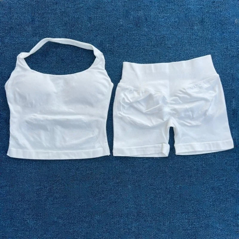 Halter Top Strappy Bra Shorts Set Yoga Stretch Gym Set Women Workout Clothing Seamless Backless Vest Hip-Lifting Leggings Shorts