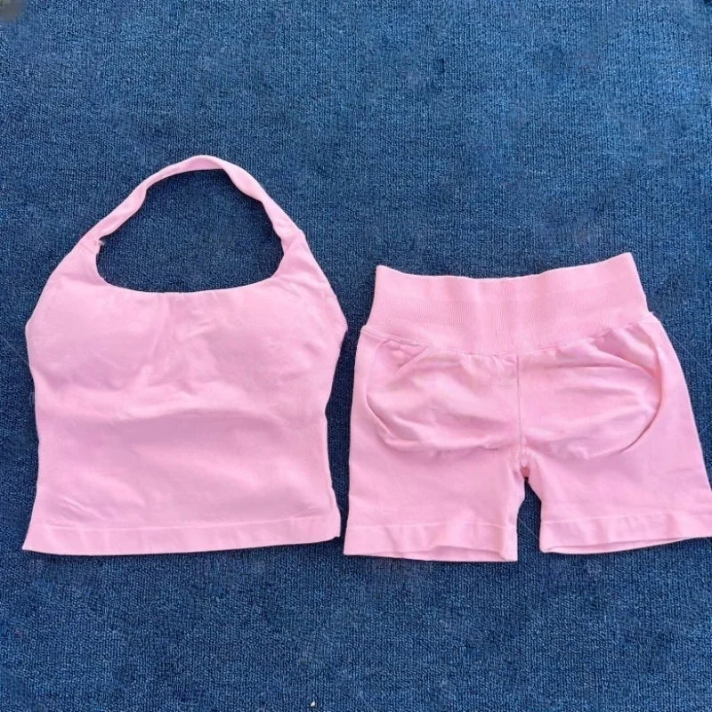 Halter Top Strappy Bra Shorts Set Yoga Stretch Gym Set Women Workout Clothing Seamless Backless Vest Hip-Lifting Leggings Shorts