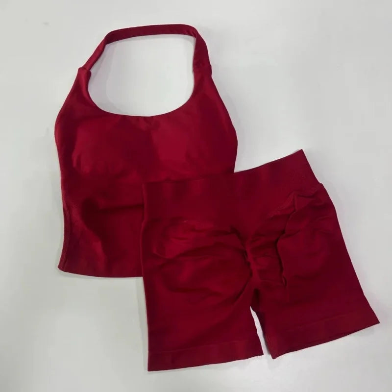 Halter Top Strappy Bra Shorts Set Yoga Stretch Gym Set Women Workout Clothing Seamless Backless Vest Hip-Lifting Leggings Shorts