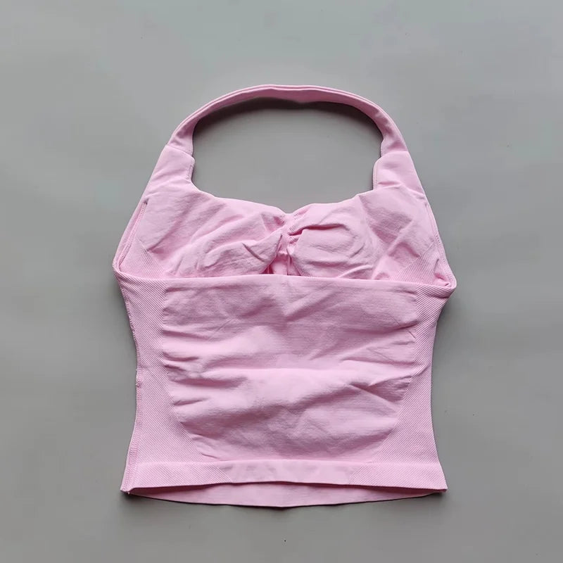 Halter Top Strappy Bra Shorts Set Yoga Stretch Gym Set Women Workout Clothing Seamless Backless Vest Hip-Lifting Leggings Shorts