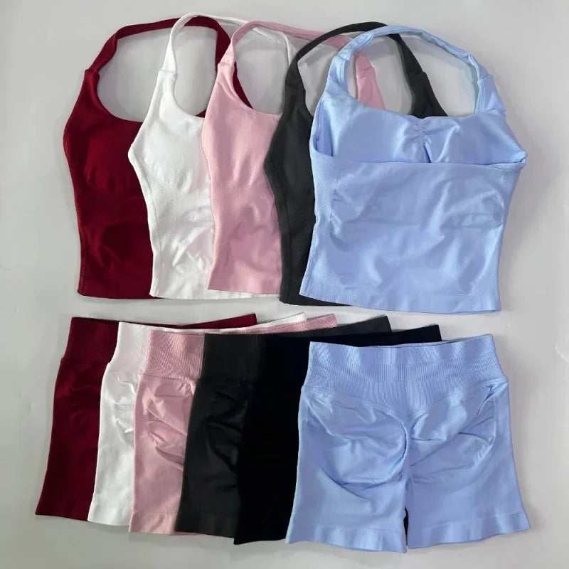Halter Top Strappy Bra Shorts Set Yoga Stretch Gym Set Women Workout Clothing Seamless Backless Vest Hip-Lifting Leggings Shorts