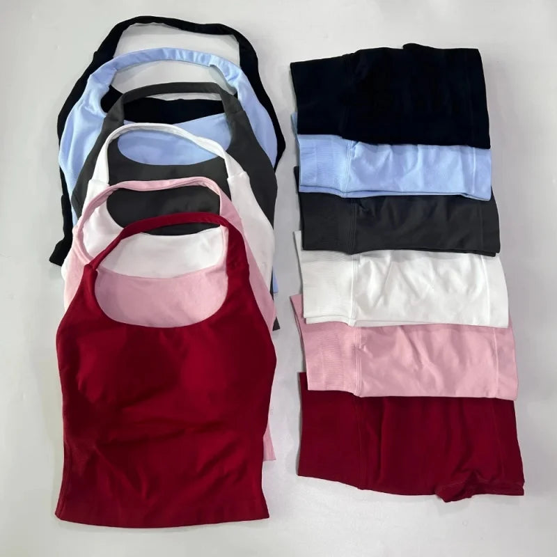 Halter Top Strappy Bra Shorts Set Yoga Stretch Gym Set Women Workout Clothing Seamless Backless Vest Hip-Lifting Leggings Shorts