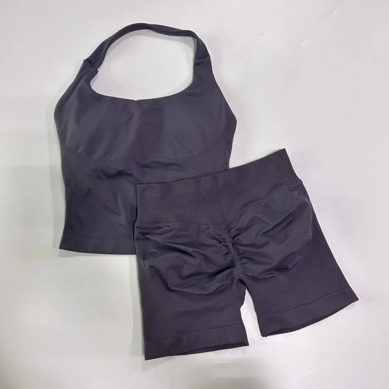 Halter Top Strappy Bra Shorts Set Yoga Stretch Gym Set Women Workout Clothing Seamless Backless Vest Hip-Lifting Leggings Shorts